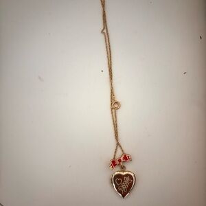 Gold Heart Locket Necklace with Red Bow